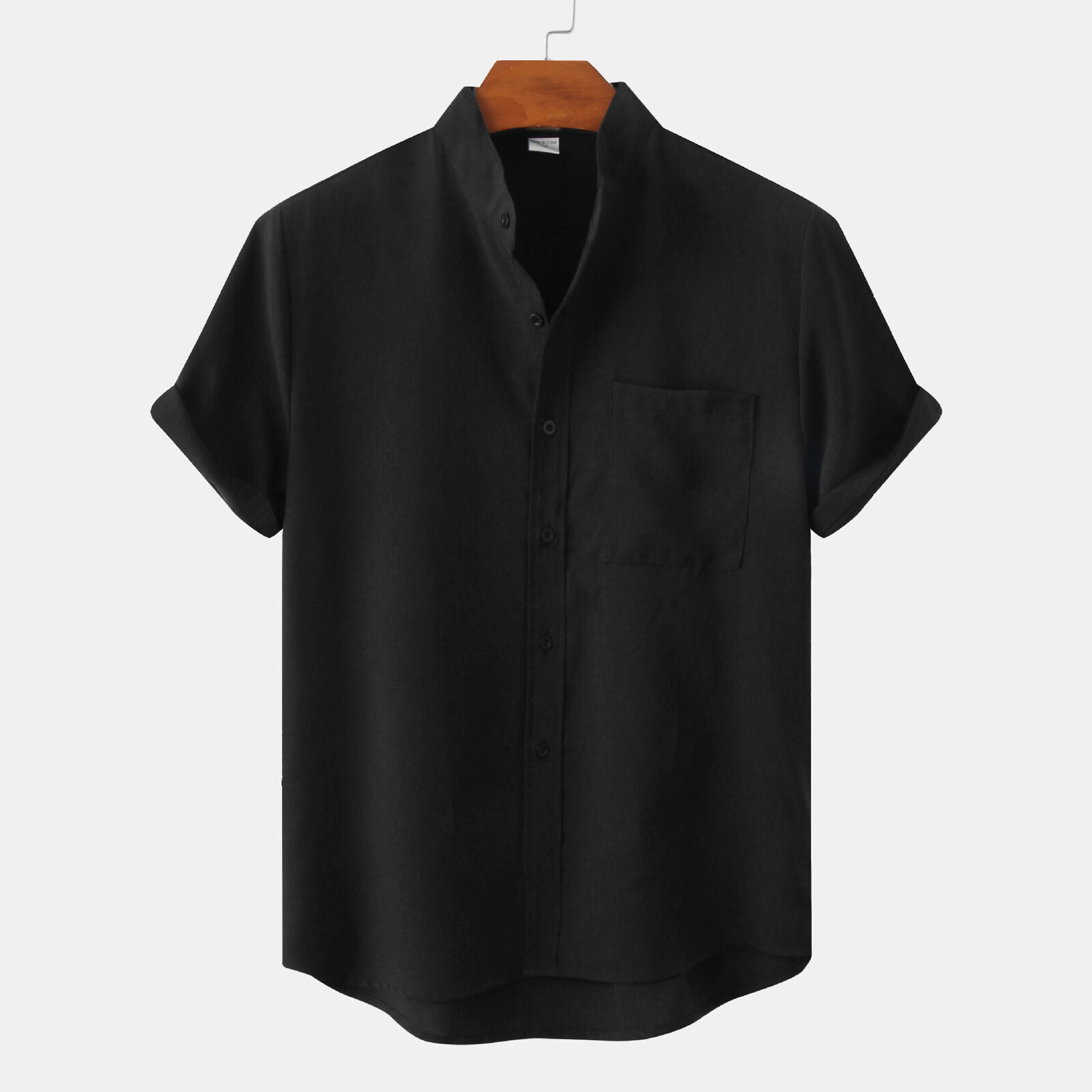 Mens Stand Collar Solid Color Shirt Casual Loose Button Short Sleeve Blouse Top gallery