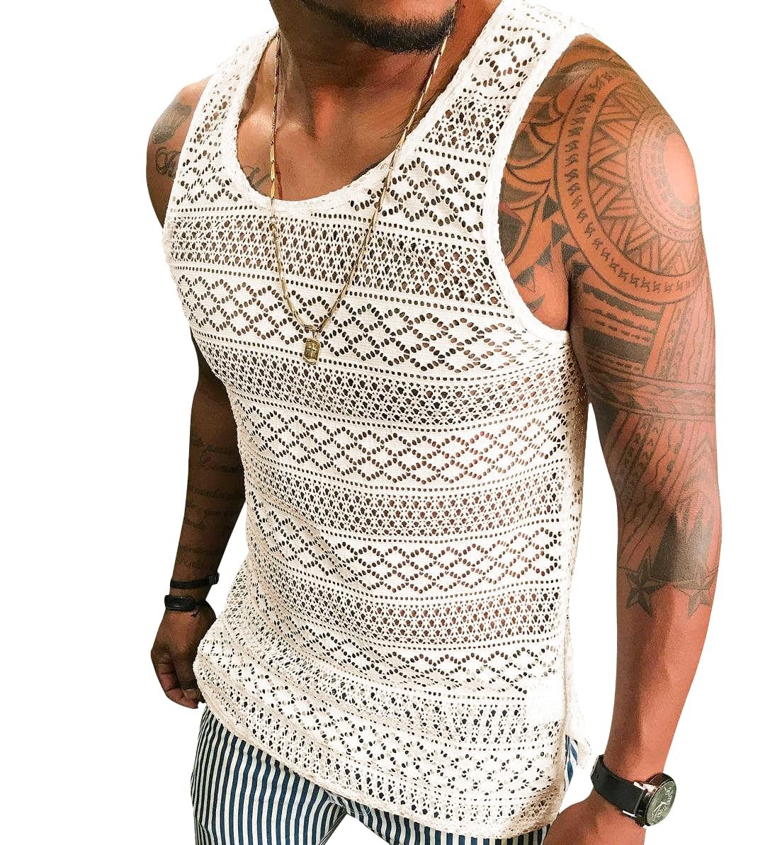 Mens See Through Vest Crewneck Sleeveless Tank Tops Muscle Sexy Mesh Shirts gallery