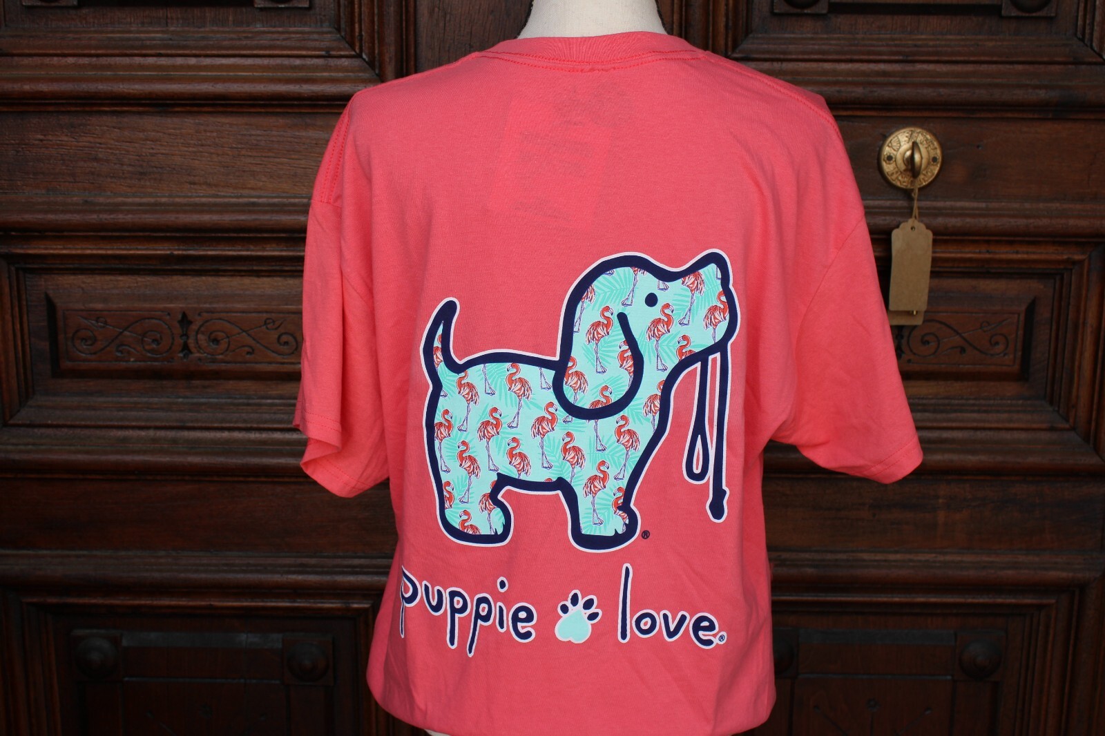 Puppie Love Flamingo Filled Dog Print Short Sleeve T-Shirt – Pink, NEW
