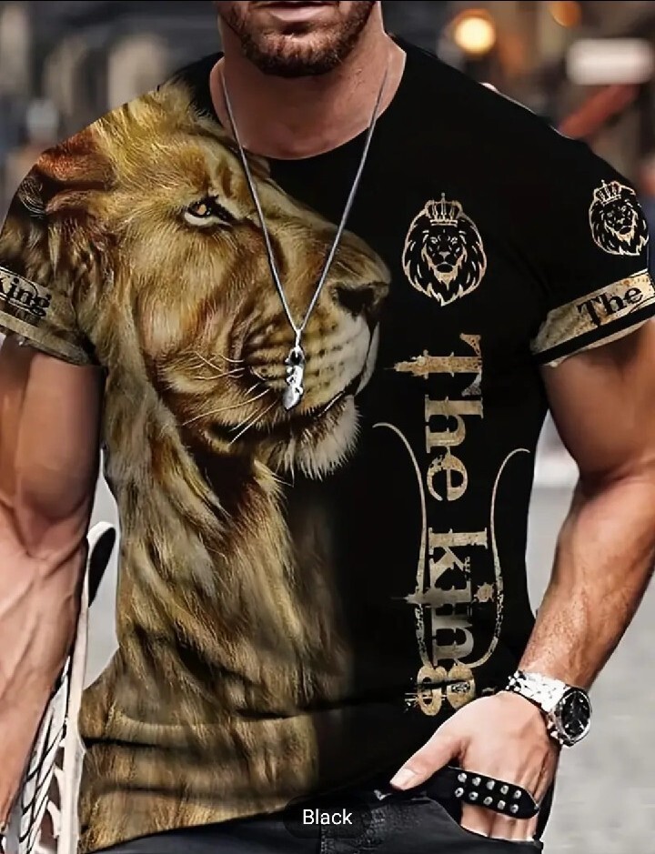 Men's Trending Crew Neck Short Sleeve Black Animal Print T-Shirt Size Large New gallery