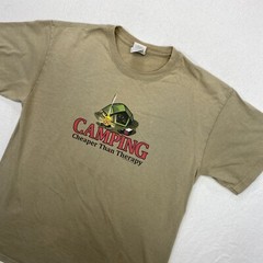 Camping Cheaper Than Therapy T Shirt Adult Medium Beige Worn Faded Short Sleeve