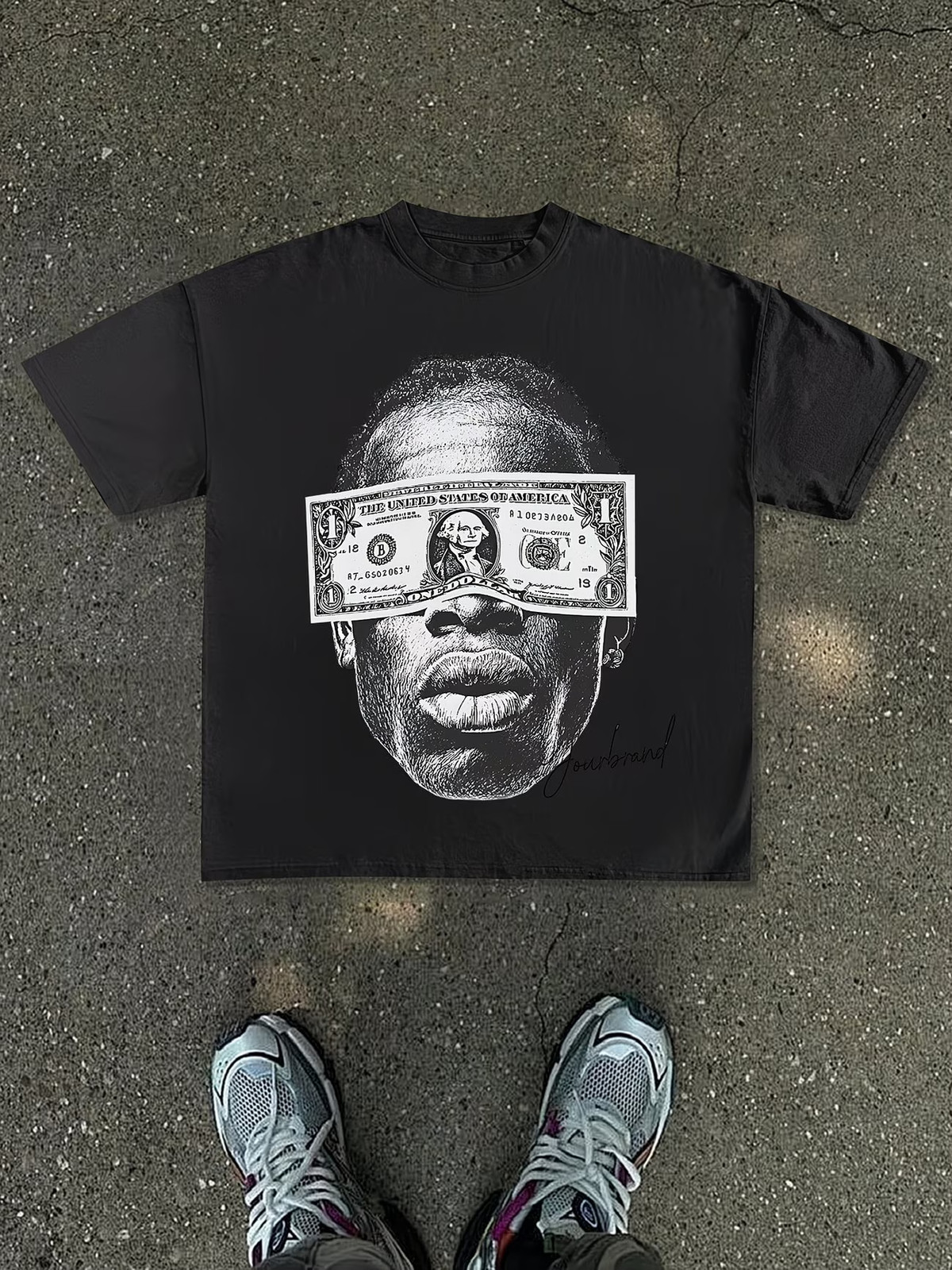 Men’s Oversized Streetwear T-Shirt with Dollar Bill & Portrait Print – White Loo