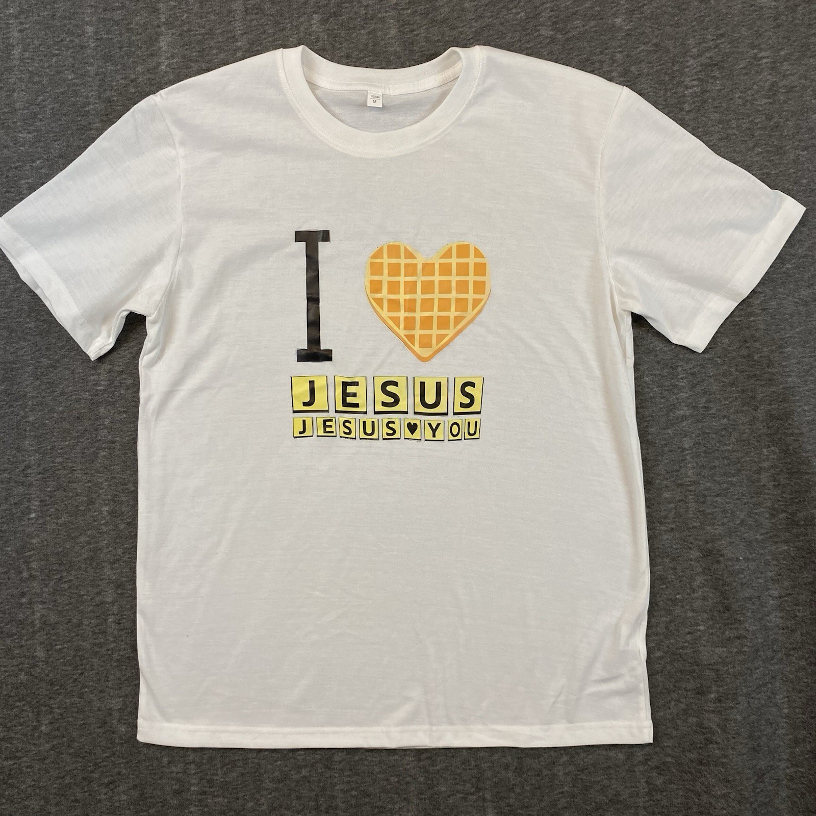 I Love Jesus Waffle Vinyl Printed Graphic T-Shirt Mens Medium *See Description