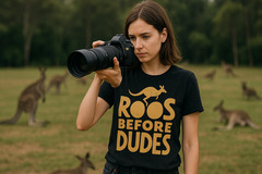 Kangaroo Pocket T-Shirt – “Roos Before Dudes” Graphic Tee