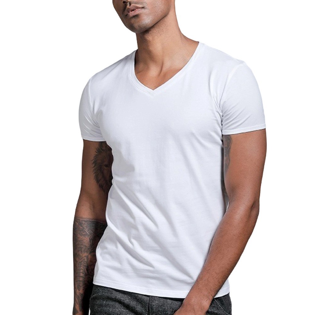 Men Solid Color V Neck Tight Fit T Shirt Short Sleeve Polyester Base Layer Top gallery