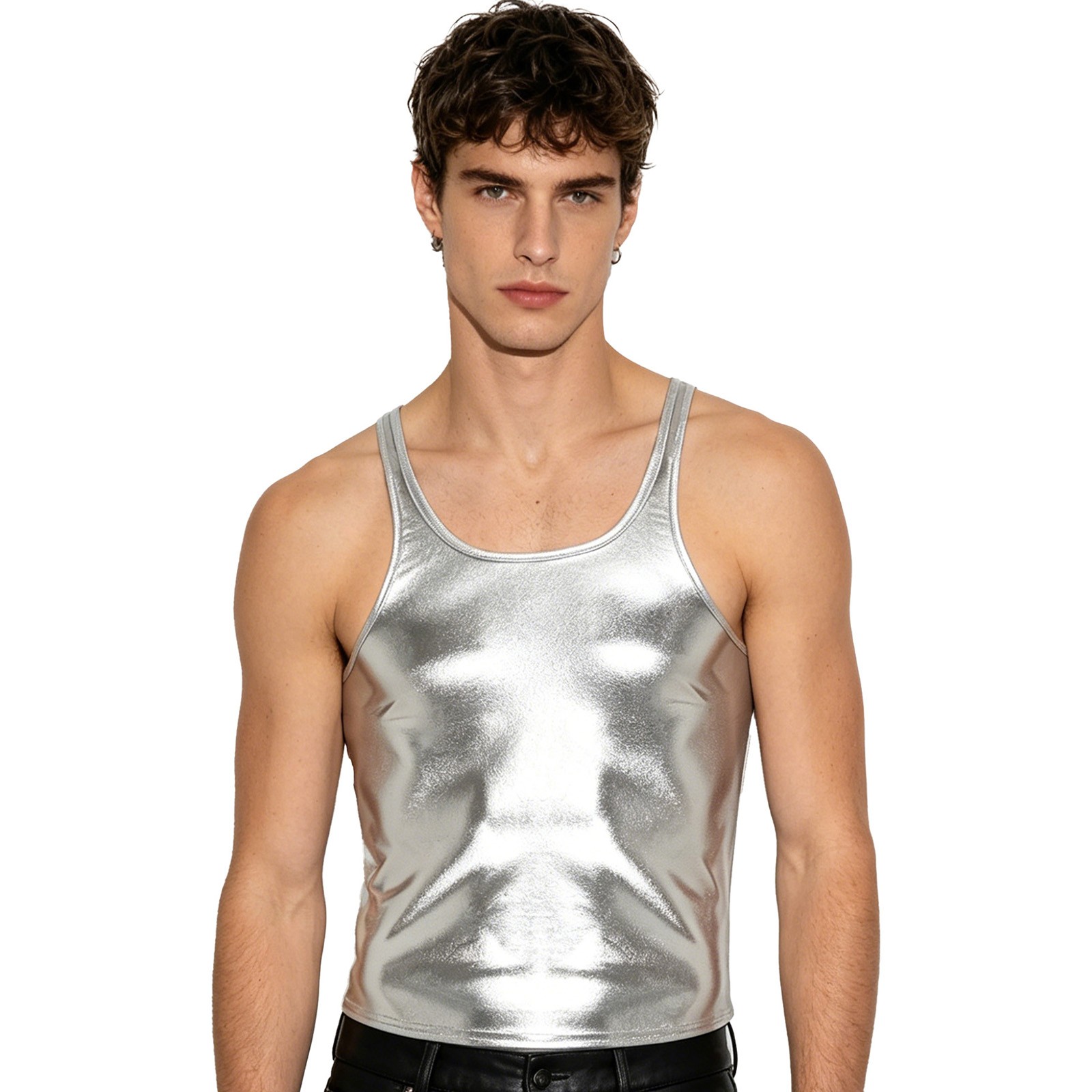 Men Tank Wet Look Sports Party Vest Leather Shirt Pvc Hip Hop Running Top Yoga