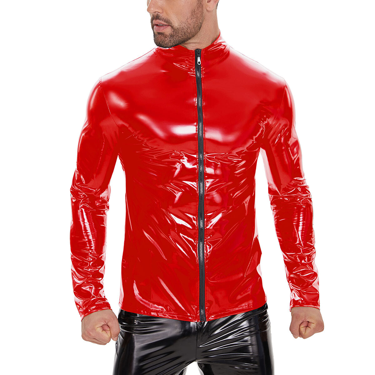Sexy Men's Wet Look Patent Leather Motorcycle Jacket Front Zippered Biker Coat gallery