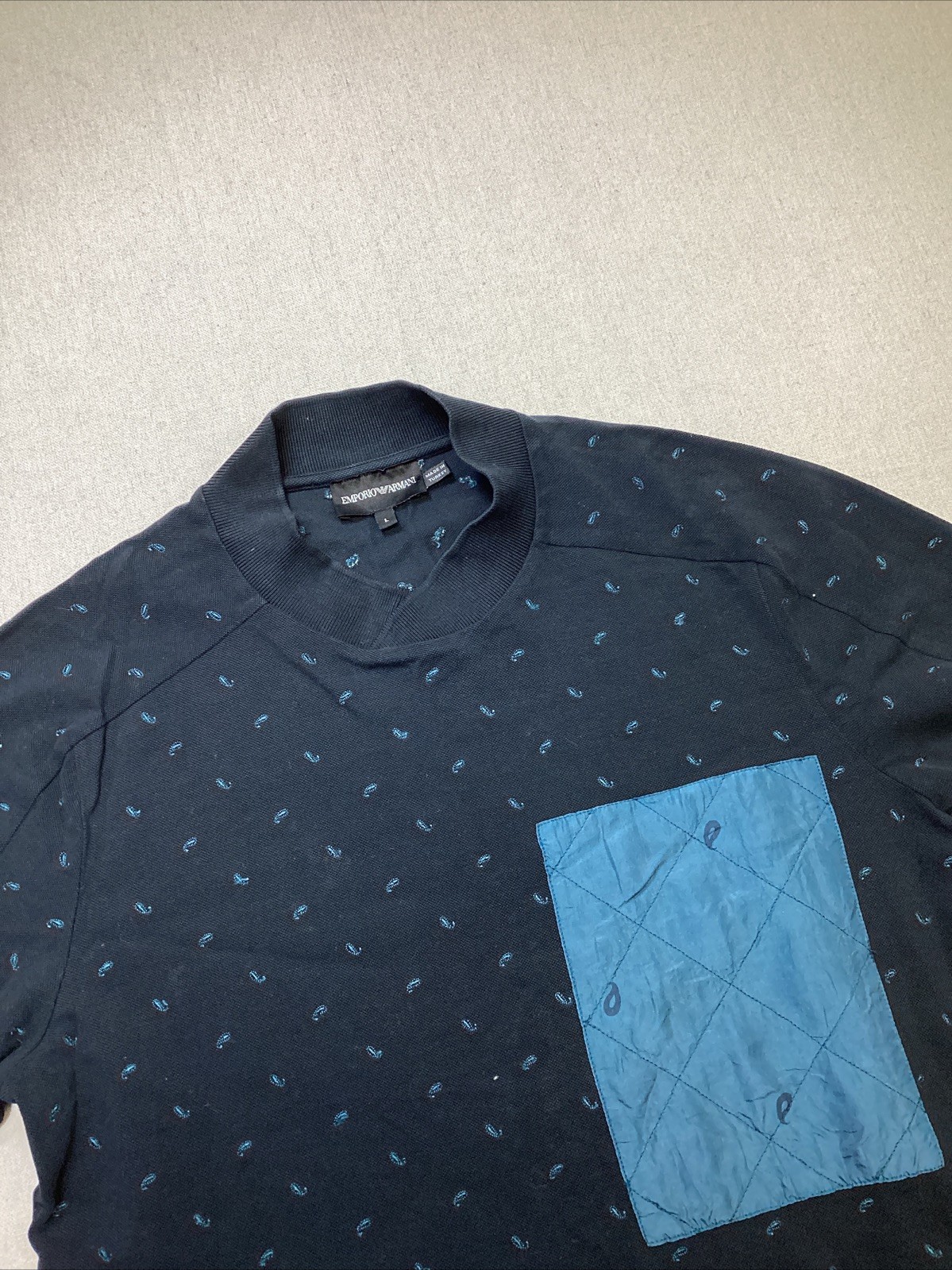 Emporio Armani Shirt Mens L Red Logo Paisley Quilted Pocket Short Sleeve Casual