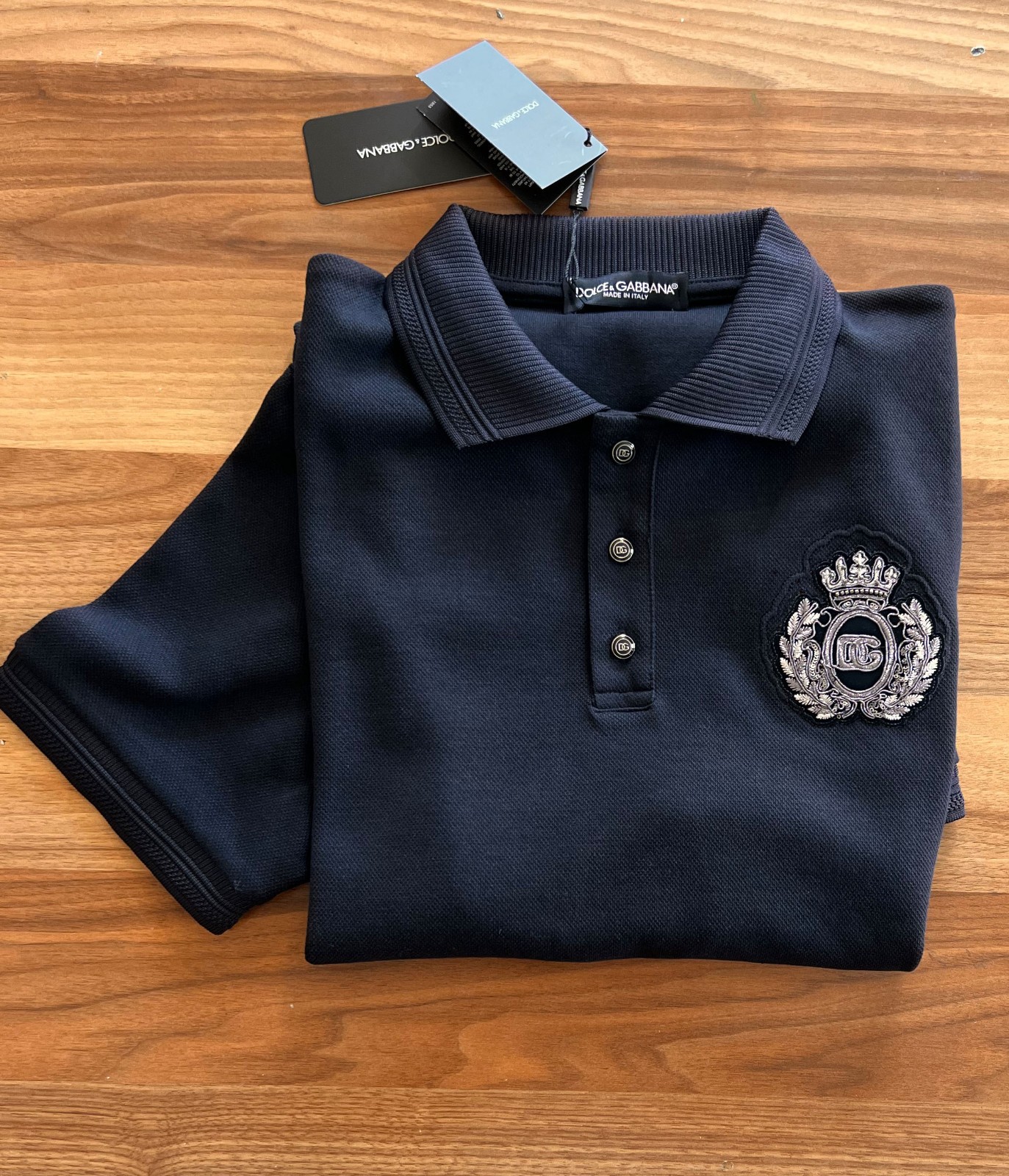 Dolce&Gabbana Men T shirt Pique Cotton Polo Neck Silver Embroidery T-shirt