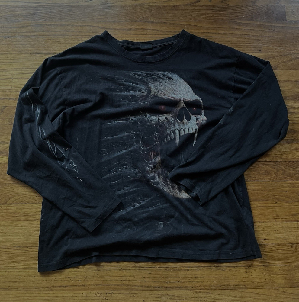 Spiral Direct Men’s XXL Black Long Sleeve Crew Neck Skull Graphic Tee Cotton