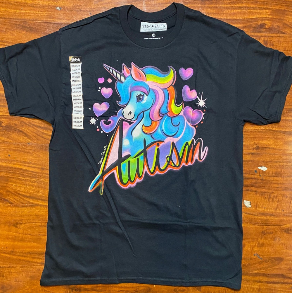 UNICORN Rainbow “Autism” Support Black Unisex Teen Hearts Clothing Tee- NWT
