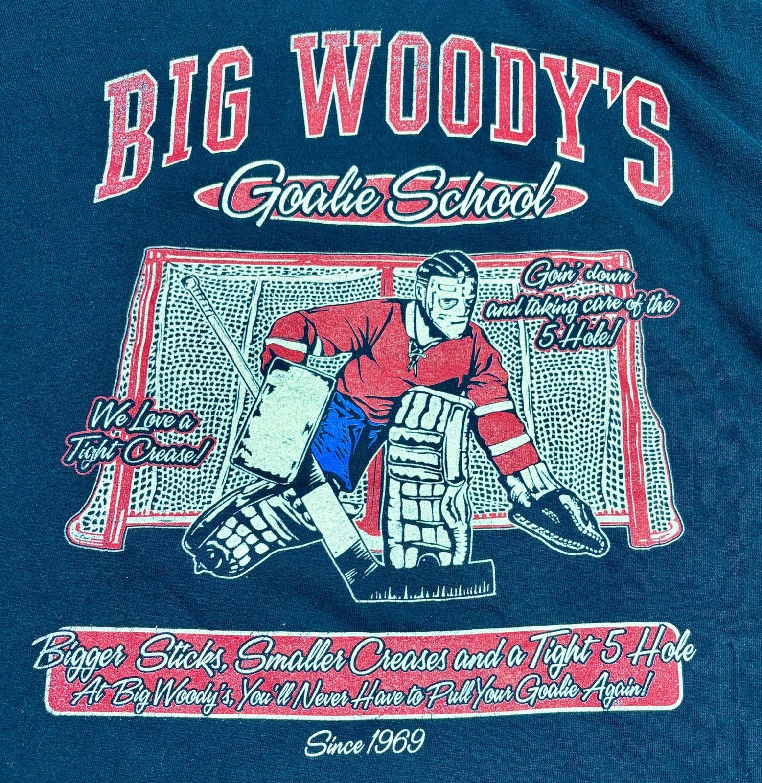 Big Woody's Goalie School Vintage Hockey Graphic T-Shirt gallery