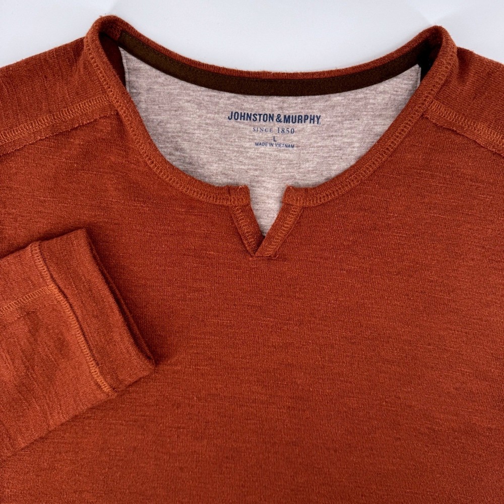 Johnston & Murphy Mens Shirt Large Burnt Orange Split Neck Long Sleeve Slub Knit