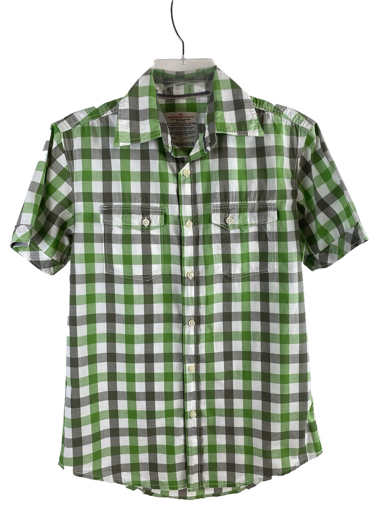 super bad shirt company men’s button down green plaid short sleeve size S small