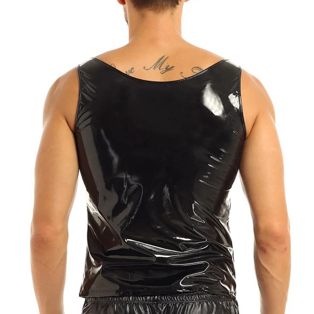 Men's Summer Style Black Wet Look Patent Leather Sleeveless Tank Top Vest gallery