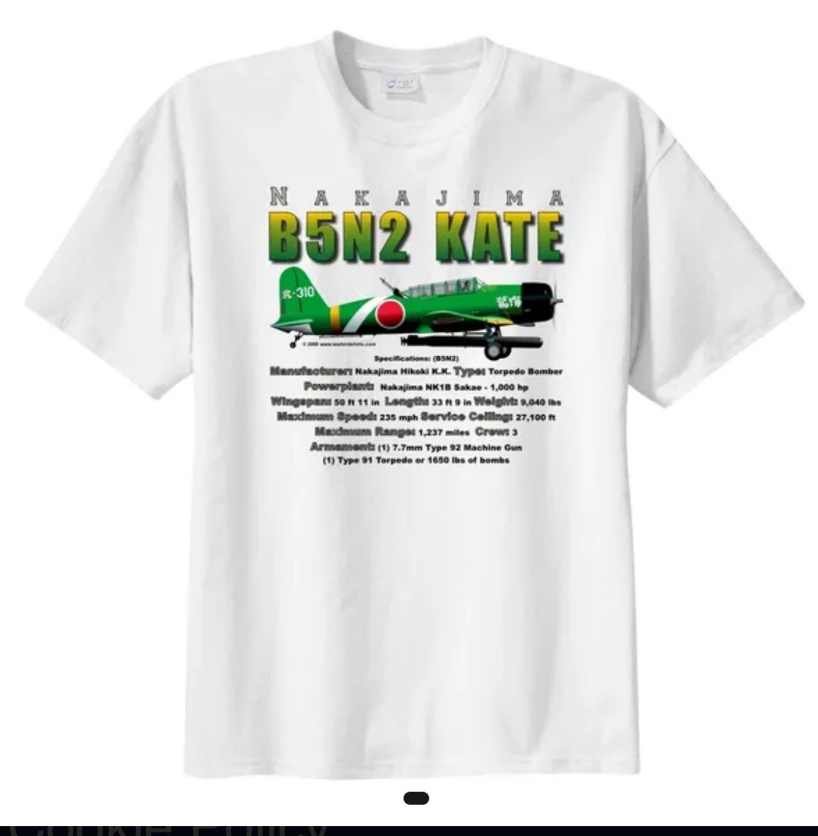 Nakajima B5N2 Kate Japanese naval Bomber WWII Airplane T-Shirt – Size L – NEW