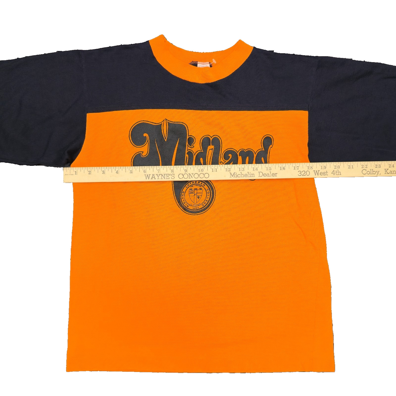 Vintage 70s Midland Lutheran College Shirt Medium Artex Made In USA Black Orange gallery