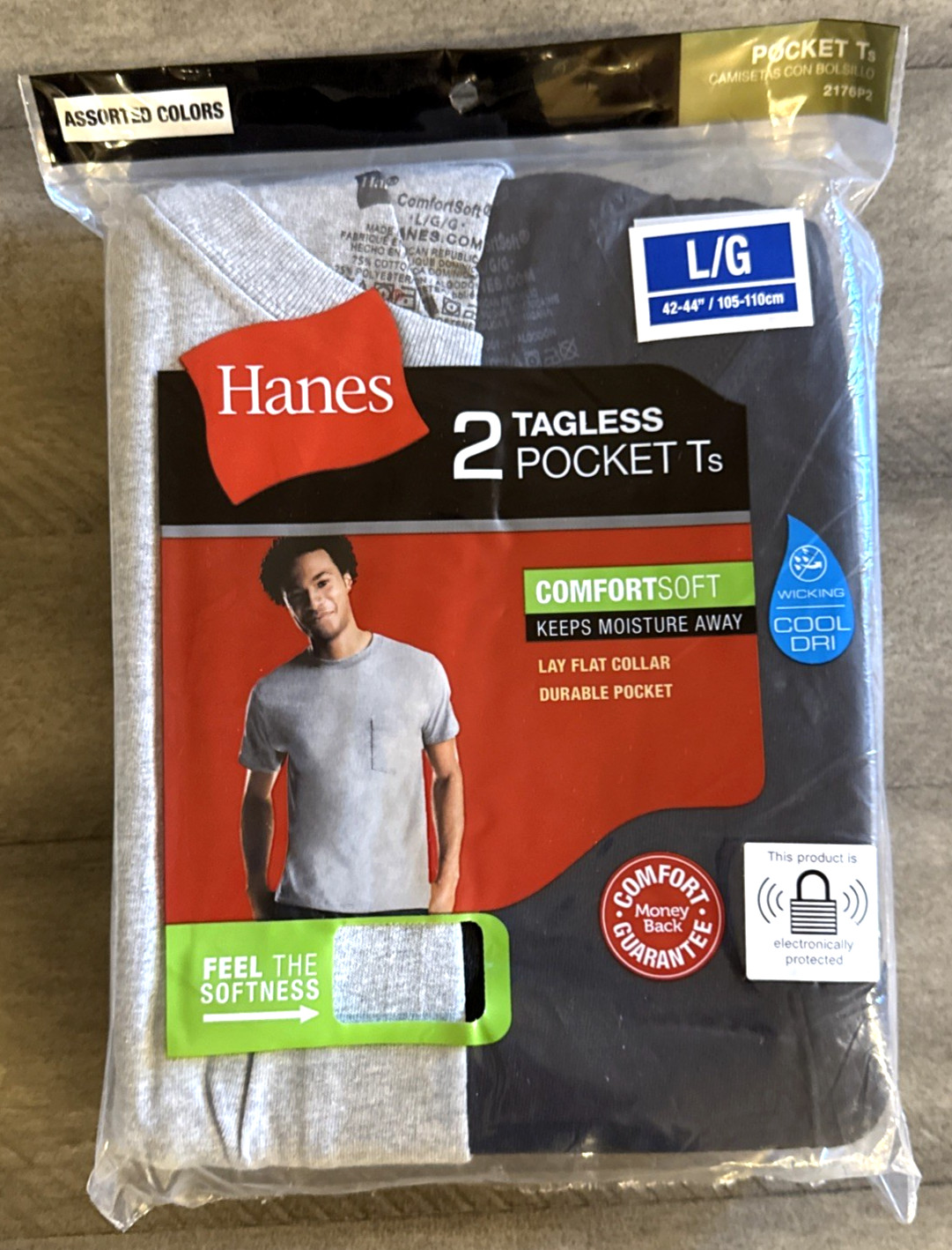 NEW Hanes Men’s Tagless Pocket Ts Wicking Soft Breathable 2 Pk Size L (42-44″)