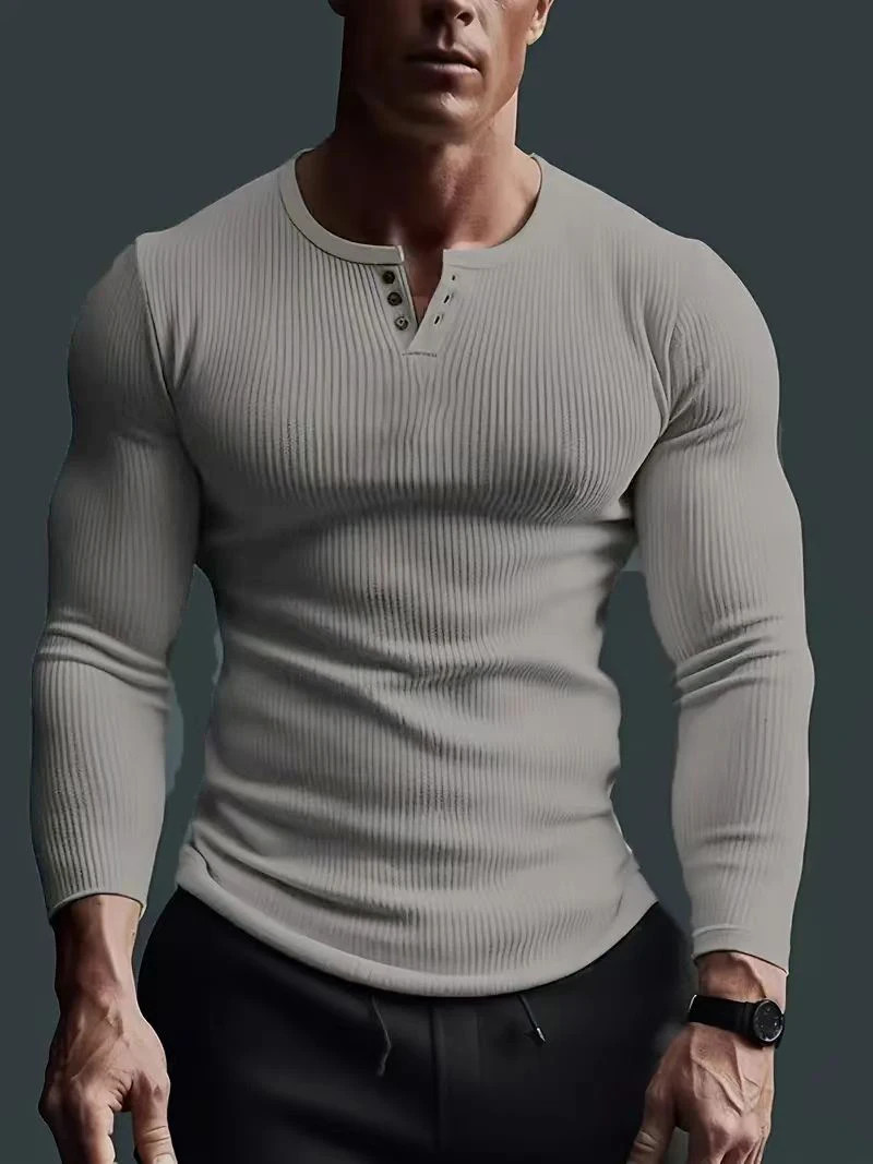 AMen's Collarless Breasted Henry Shirt Top Fitness High Stretch Base Shirt gallery
