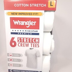Wrangler Men 6 Pack Cotton Stretch Crew Neck Undershirts White Tee Shirts Size L