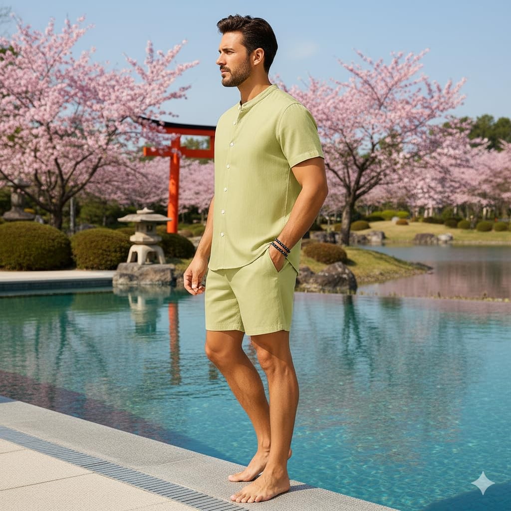 Men's Casual Stand Collar Button Shirt and Shorts Set - Hawaiian Beach Vacati... gallery