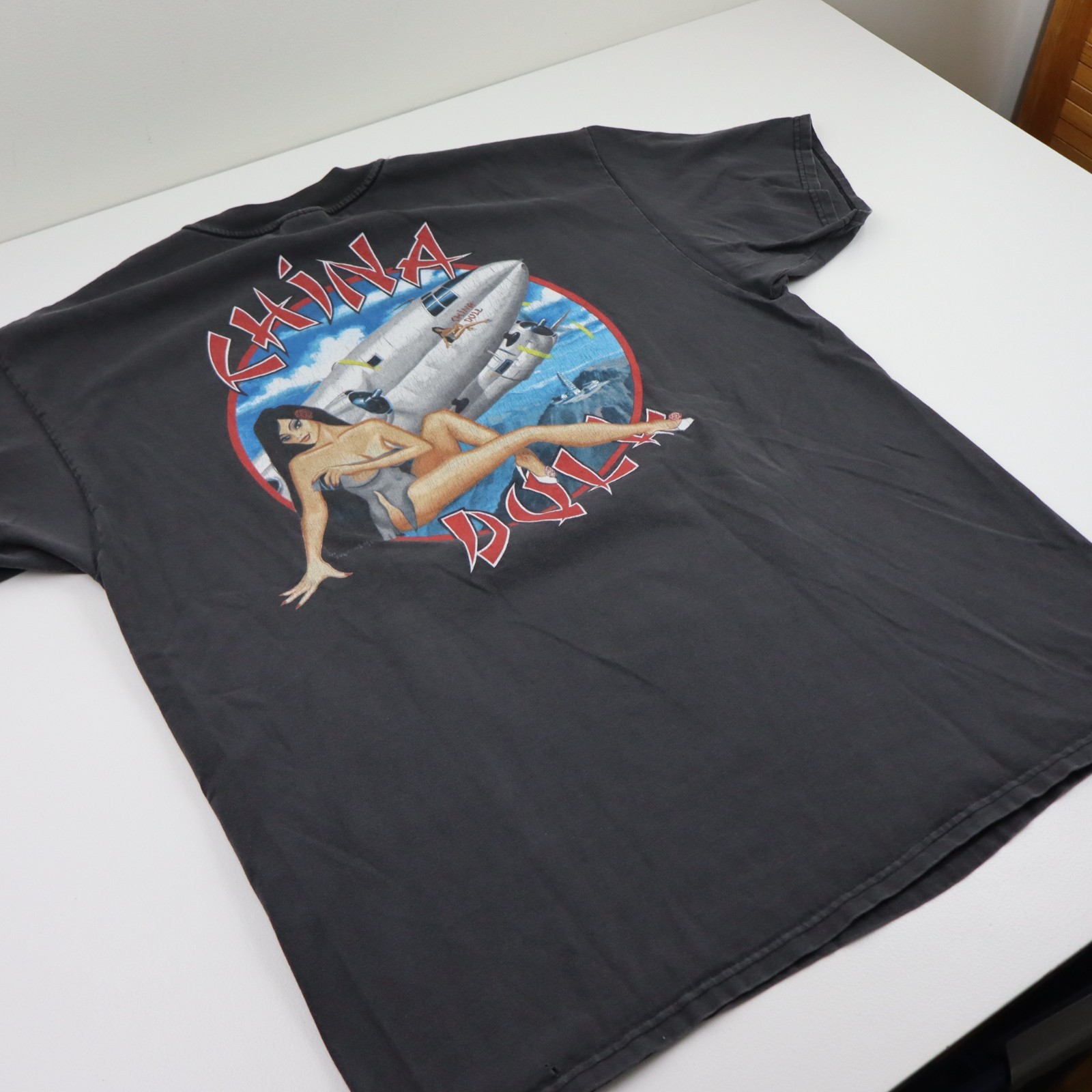 Vintage China Doll C46 Commando T Shirt Mens XL Black WWII Airplane Pin Up Tee gallery