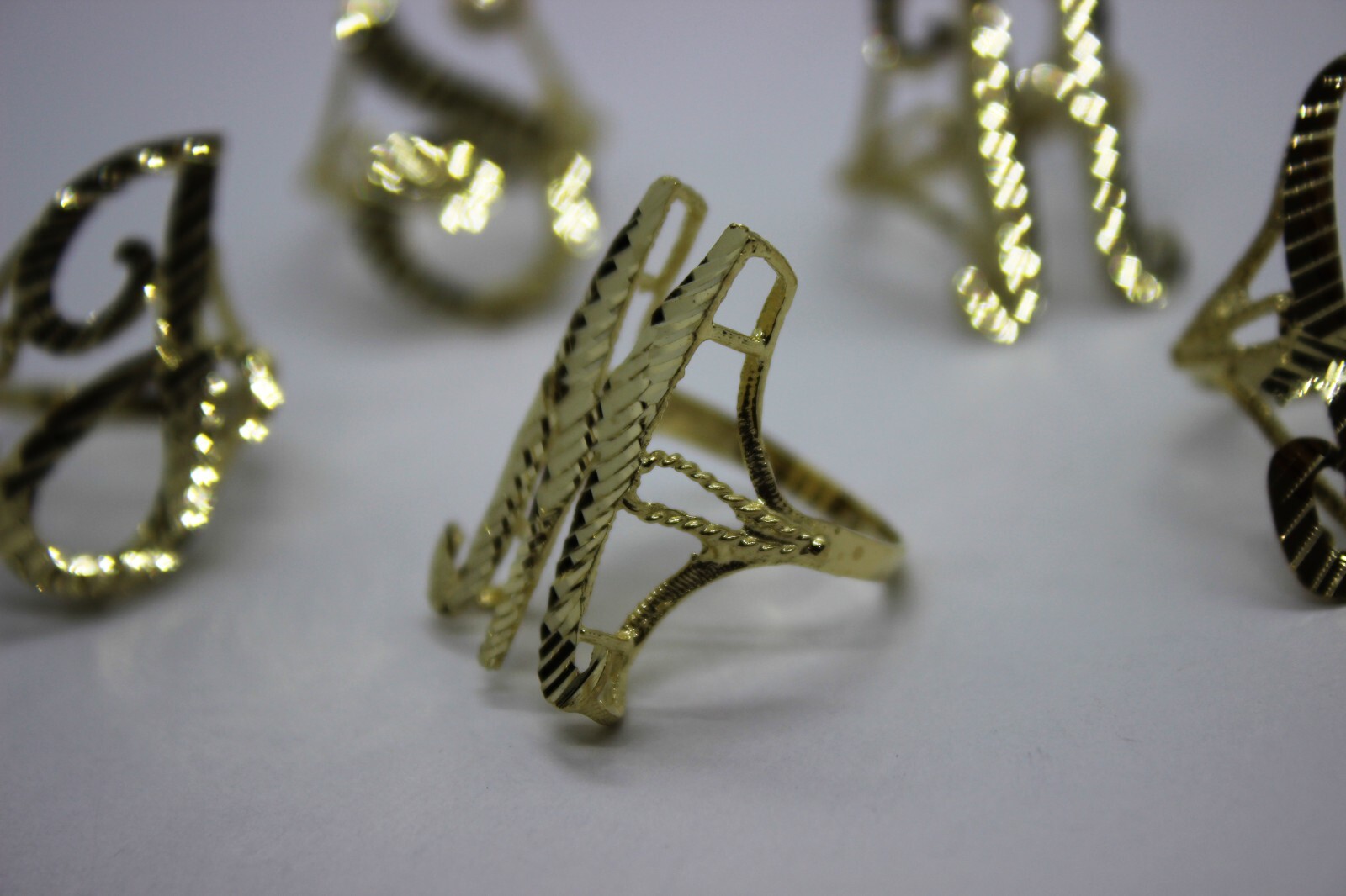 10k Solid Yellow Gold Large Cursive Initial Letter Ring Diamond Cut size 6 ~ 14