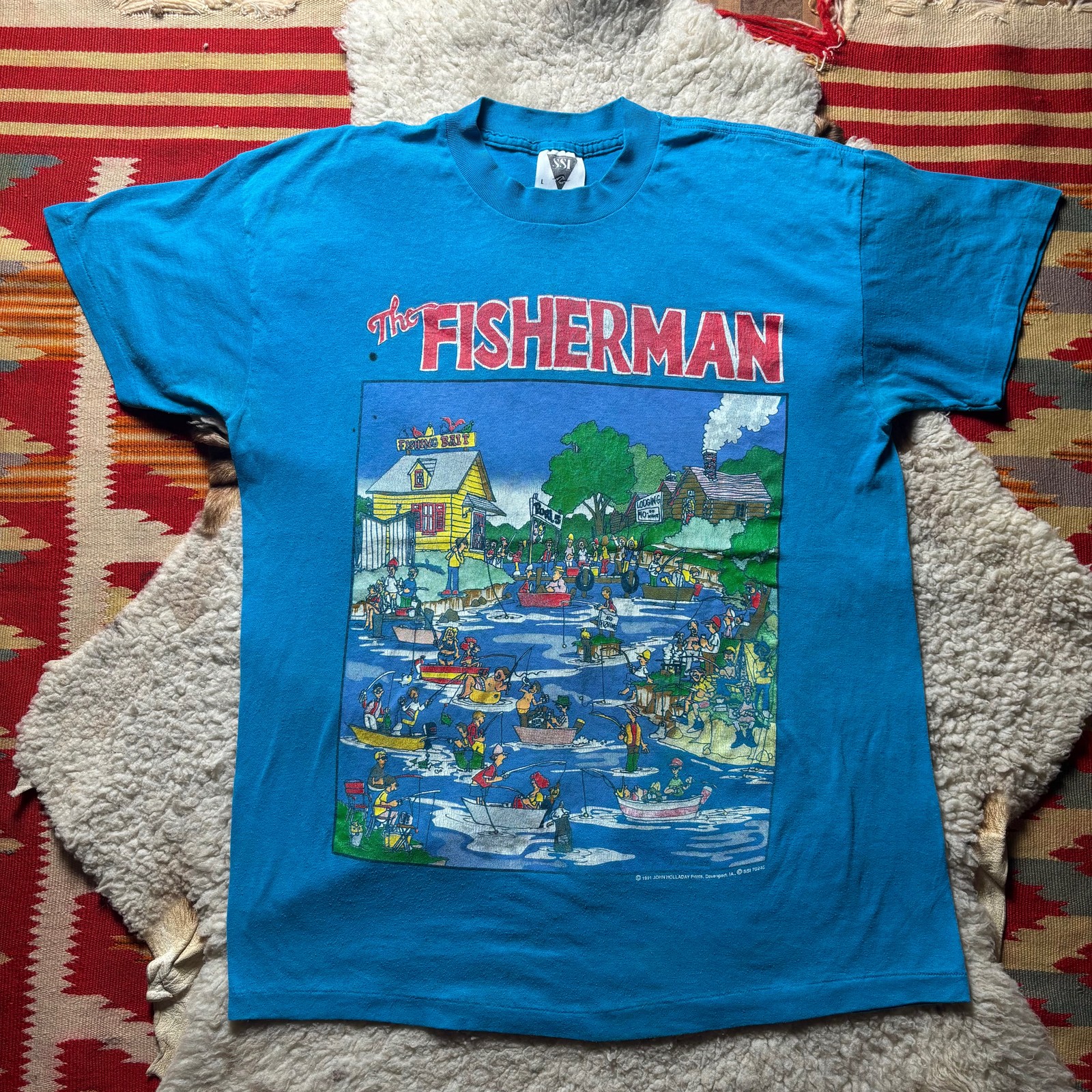 1991 The Fisherman Lake Cartoon Men's Blue T-Shirt Size L John Holladay 90s Vtg gallery