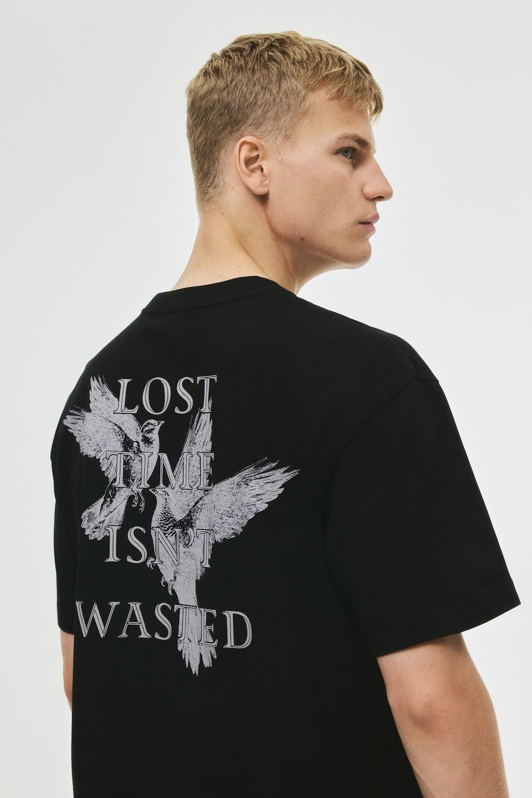 H&M Lost Time Isn't Wasted Shirt Mens Medium Black Graphic Tee Loose Fit NEW M gallery