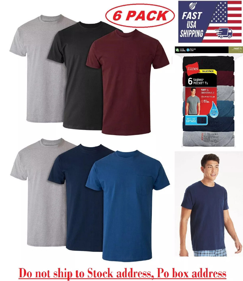 6 Pack Hanes Men's Value Pack Assorted Pocket T-Shirt Undershirts Size S - 3XL gallery