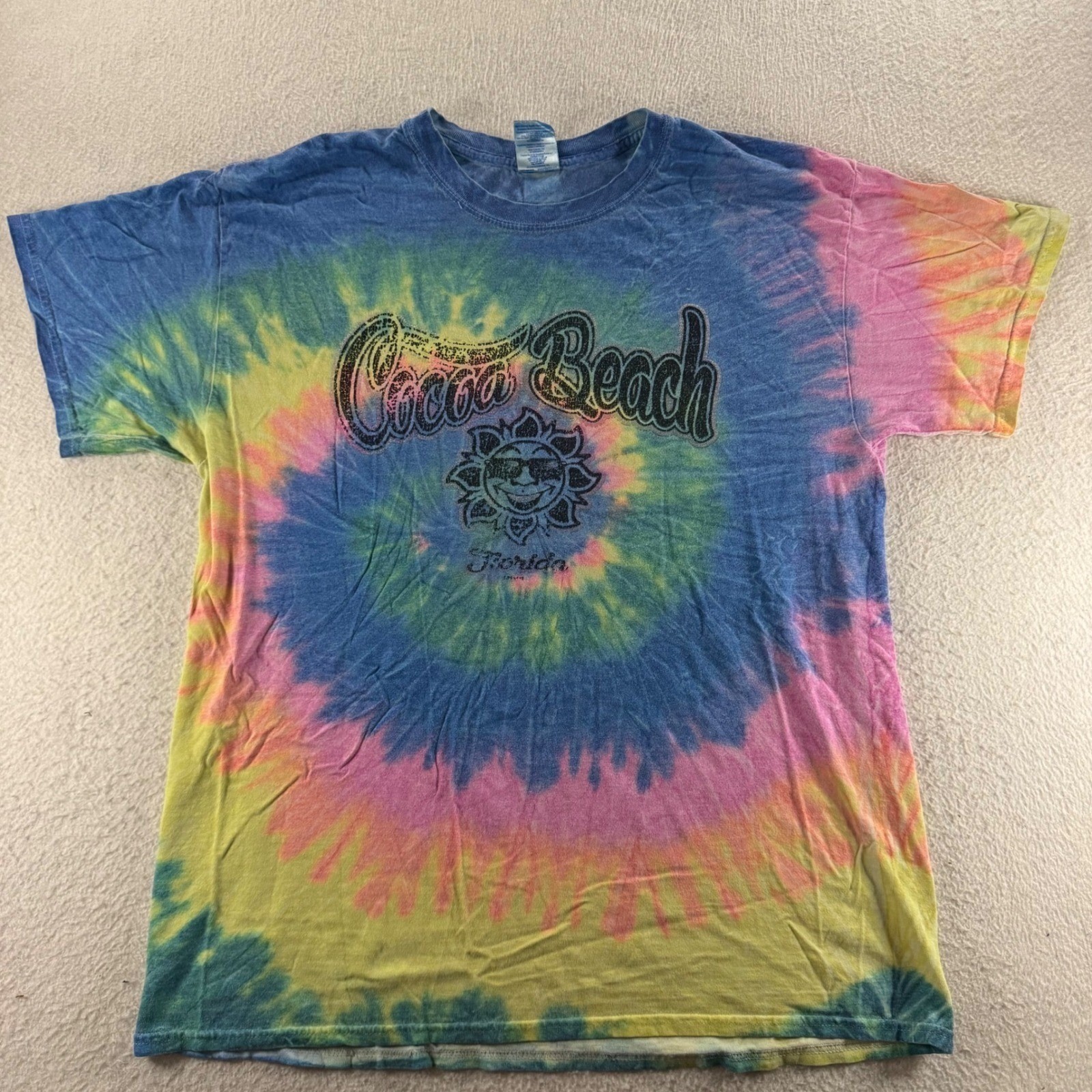 Gildan Cocoa Beach Florida T-Shirt Unisex Large Multicolor Good Tie Dye Sun Y2K