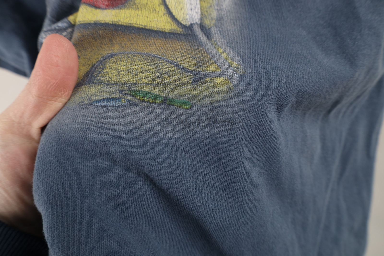 Vintage 90s Y2K Mens XL Distressed Boat Potato Fishing Fisherman T-Shirt Blue gallery