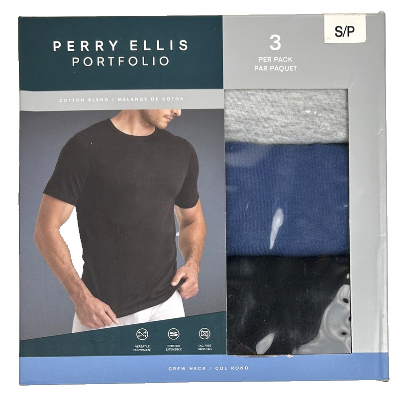 Perry Ellis Portfolio 3 Pack Gray/Blue/Blk Crew Neck T-Shirts Soft Touch Size S