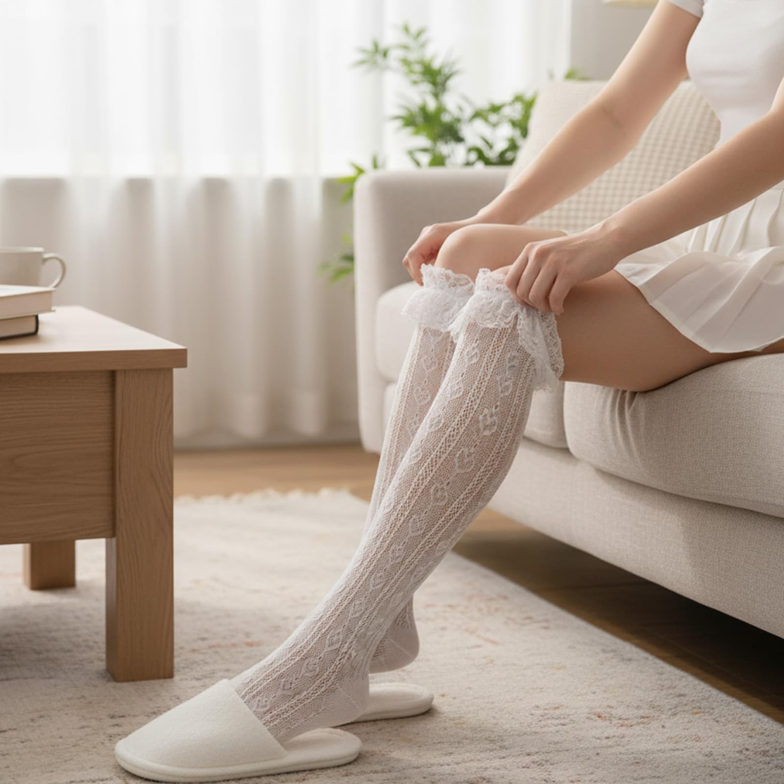 Lace Knee High Socks, Thigh High Stocking with Lace Trim, White Laces Socks W... gallery