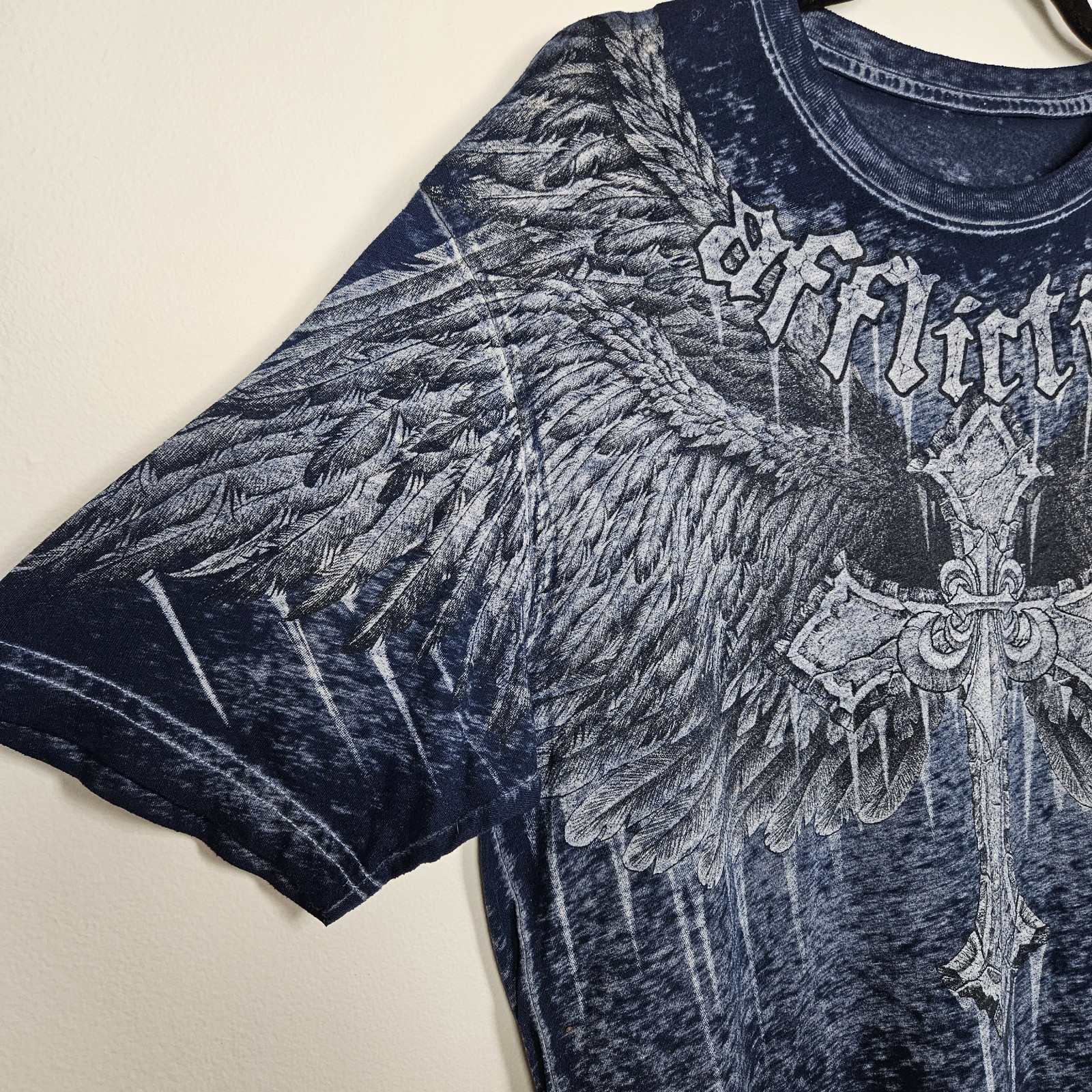 Affliction Shirt Mens Size L Blue Distressed Paper Thin Cross Wings Biker Y2K gallery