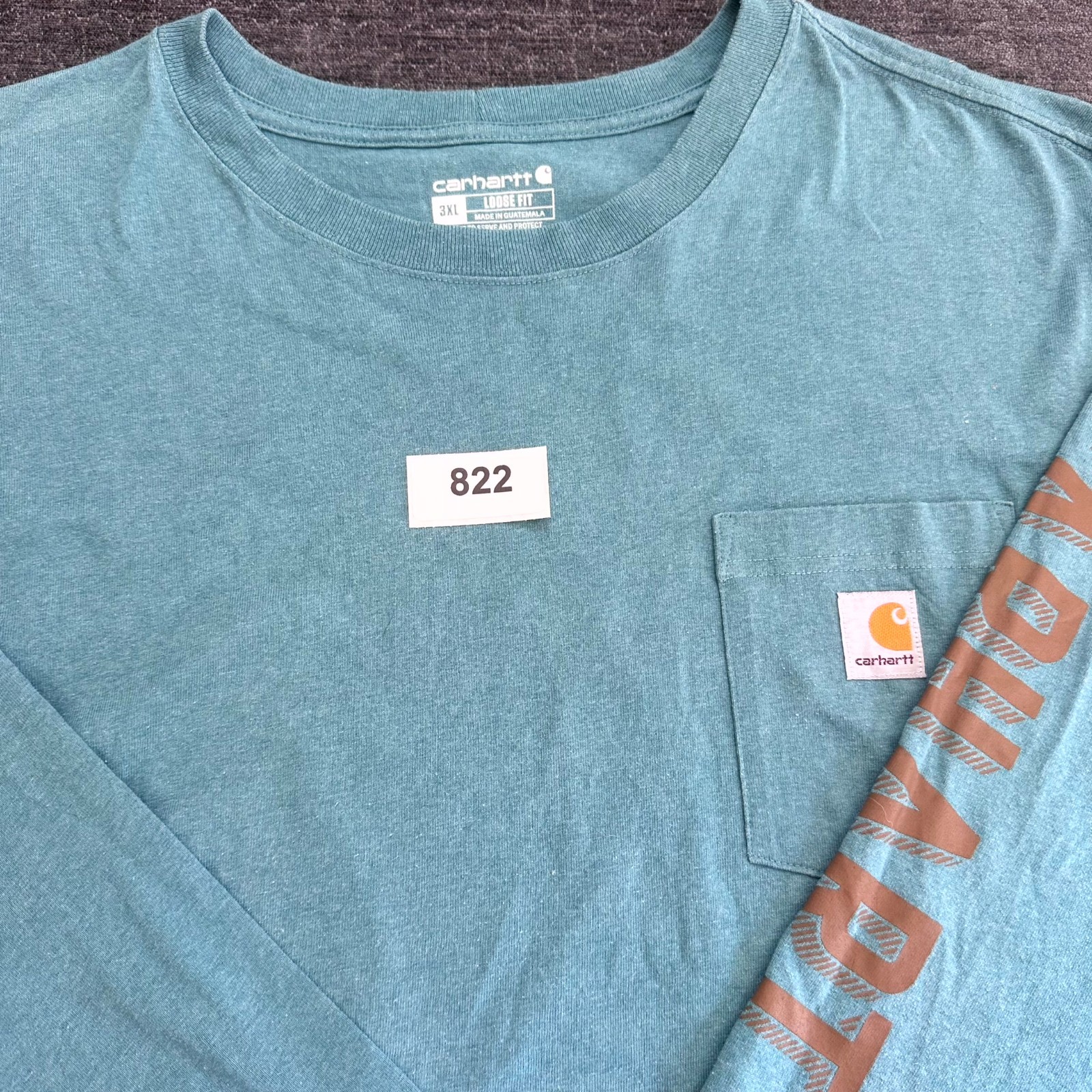 Carhartt Pocket T-Shirt Mens 3XL Teal Blue Spellout Logo Long Sleeve Loose Fit gallery