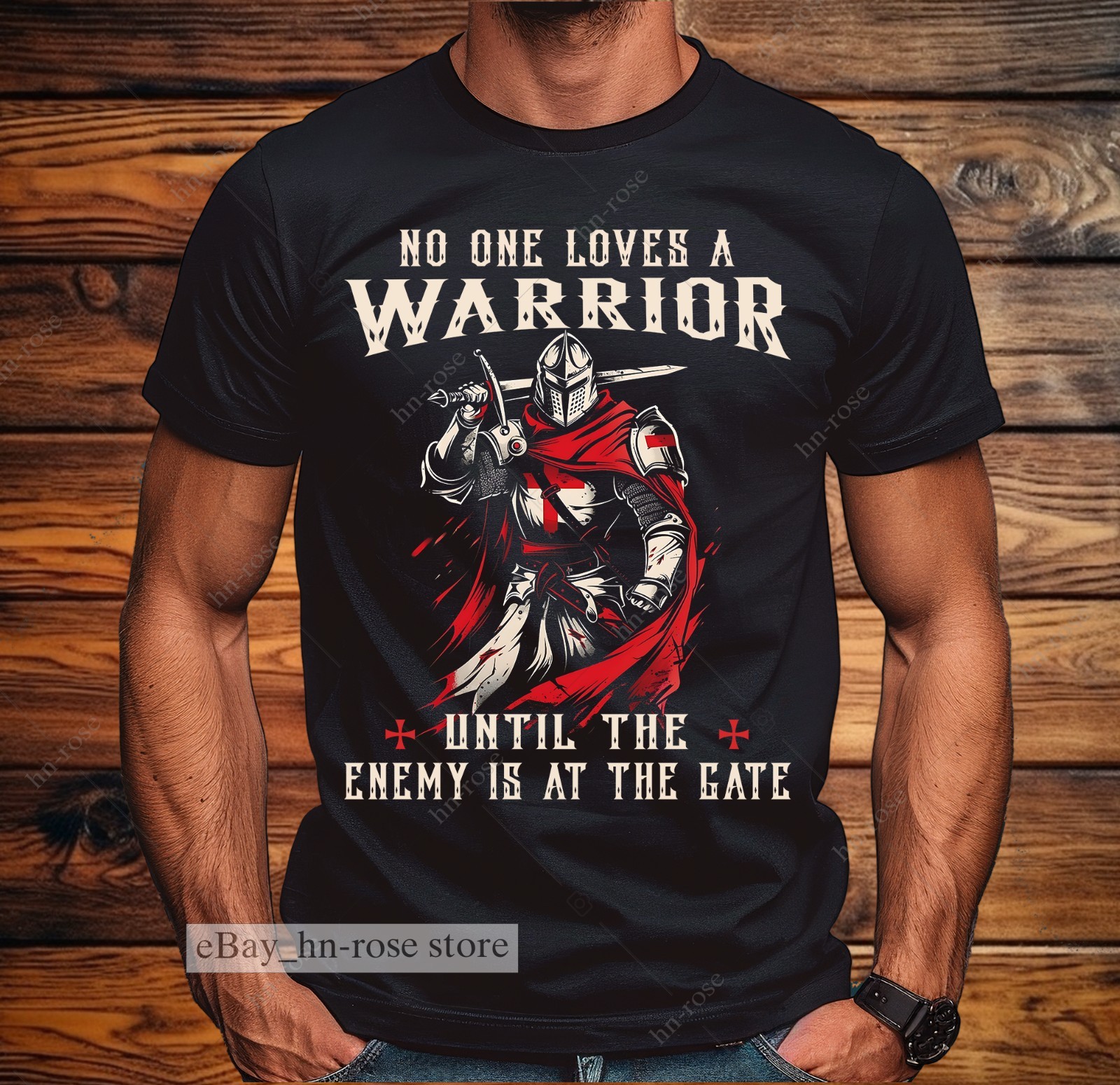 Crusader Warrior T-Shirt Medieval Knight Red Cloak Cross Shield Battle Ready Tee gallery