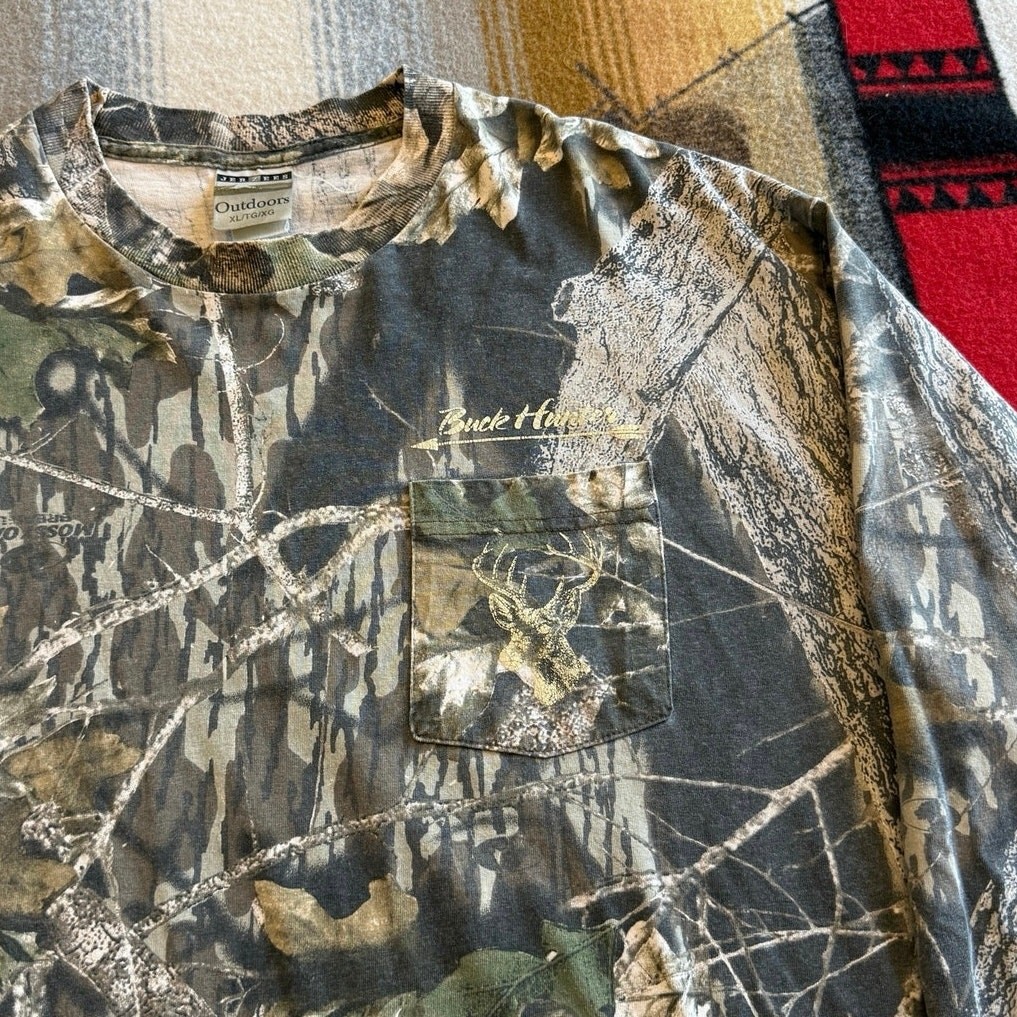 Vintage 90s Jerzees Outdoors Camouflage Long Sleeve Pocket T-Shirt Size XL Hunt gallery