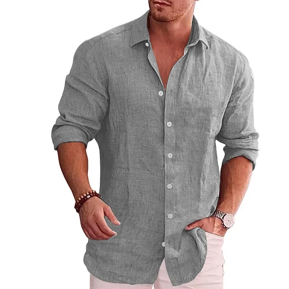 Cotton Linen Autumn Hot Selling Men’s Long Sleeve Shirt Solid Color Casual Style