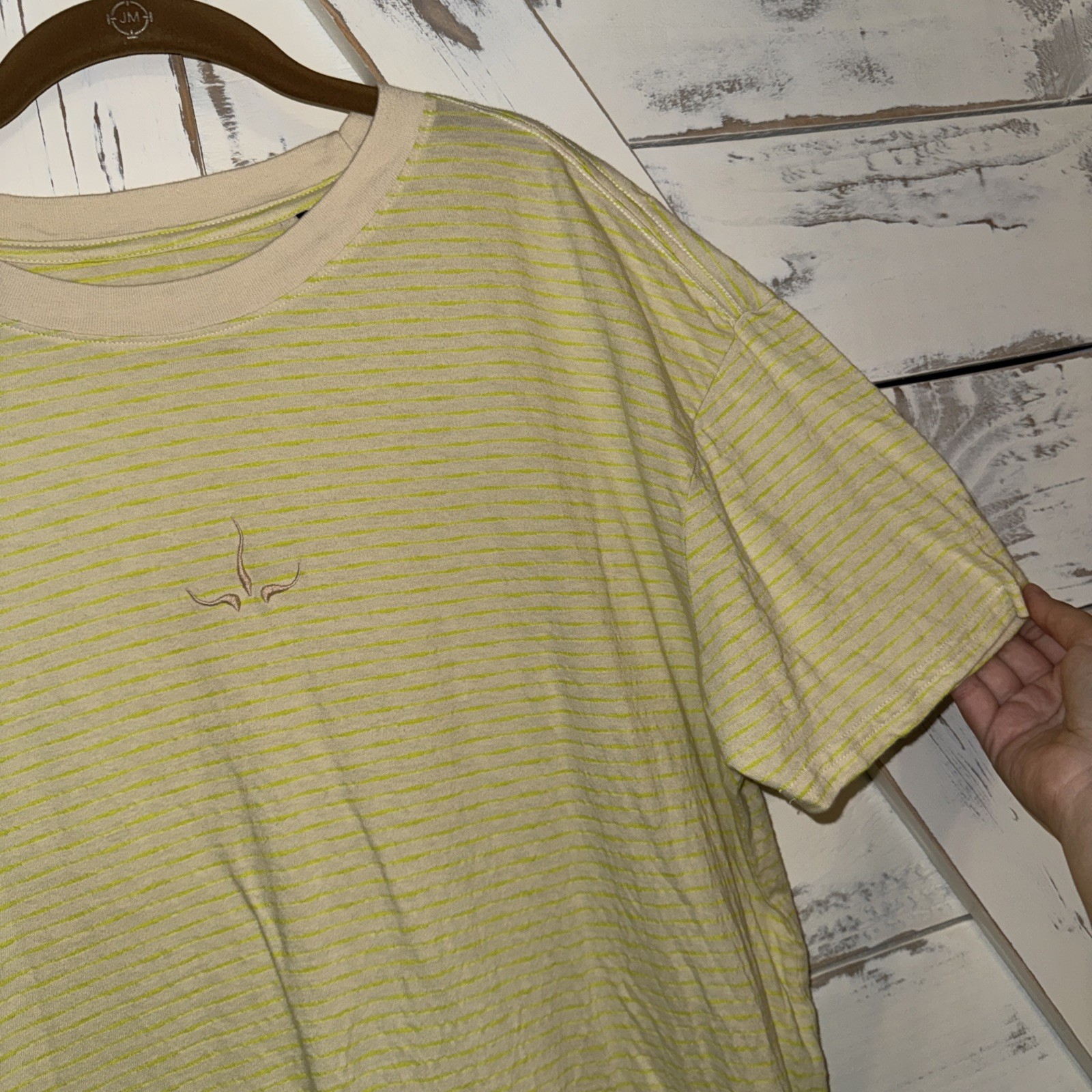 Prana (prAna) Yellow Neon Crew Tee Men's S Oversized Striped Logo Embroidered gallery