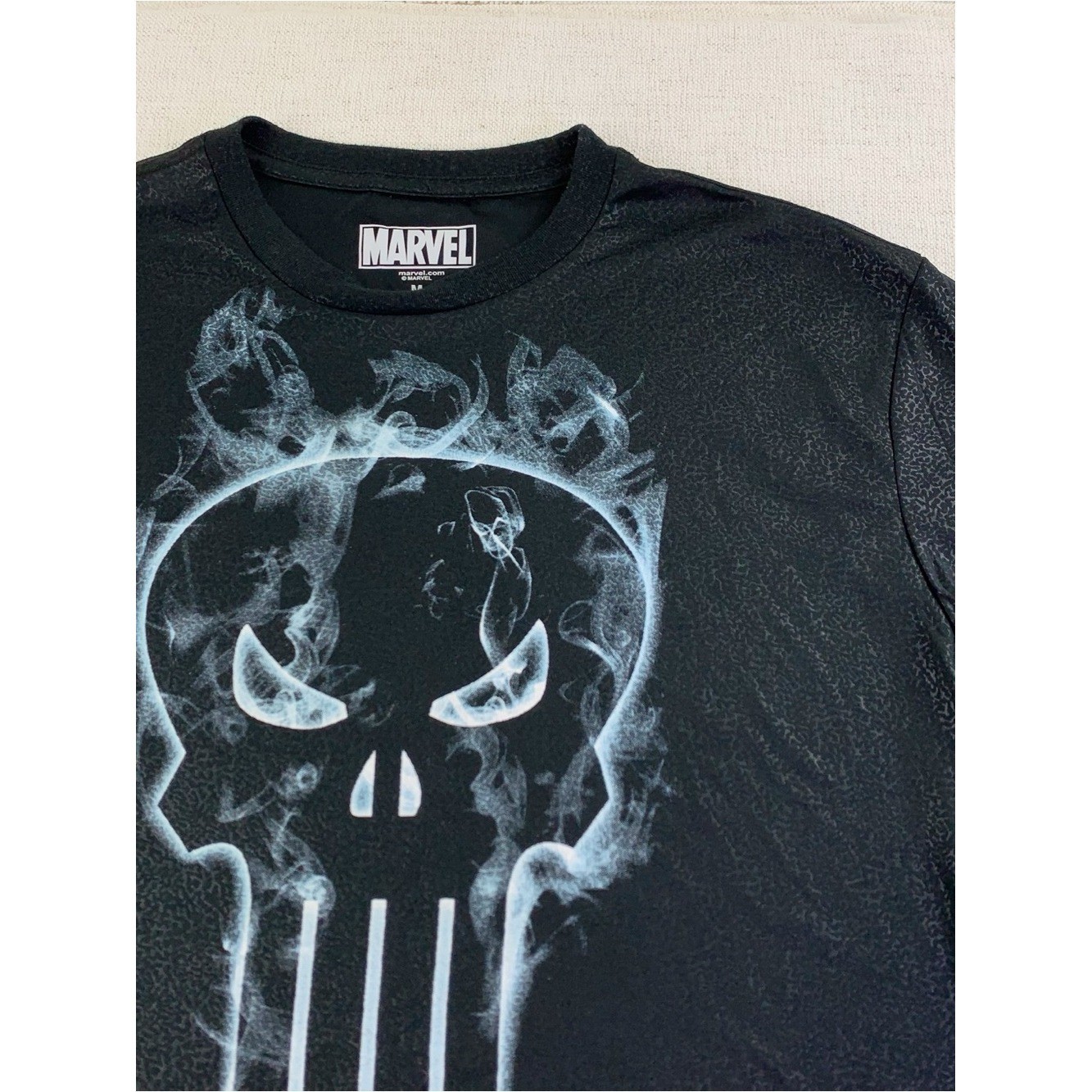 Marvel Black Short Sleeve Tee with Smoky Punisher Skull shiny textured fabric gallery