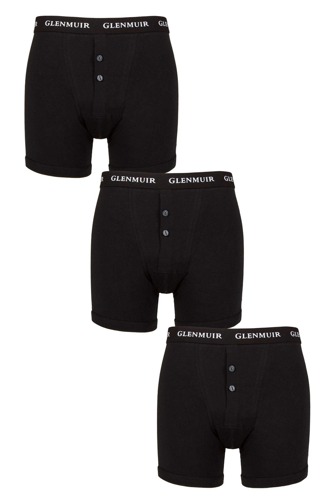 Glenmuir Mens 3 Pack William Button Front Cotton Boxers – Black