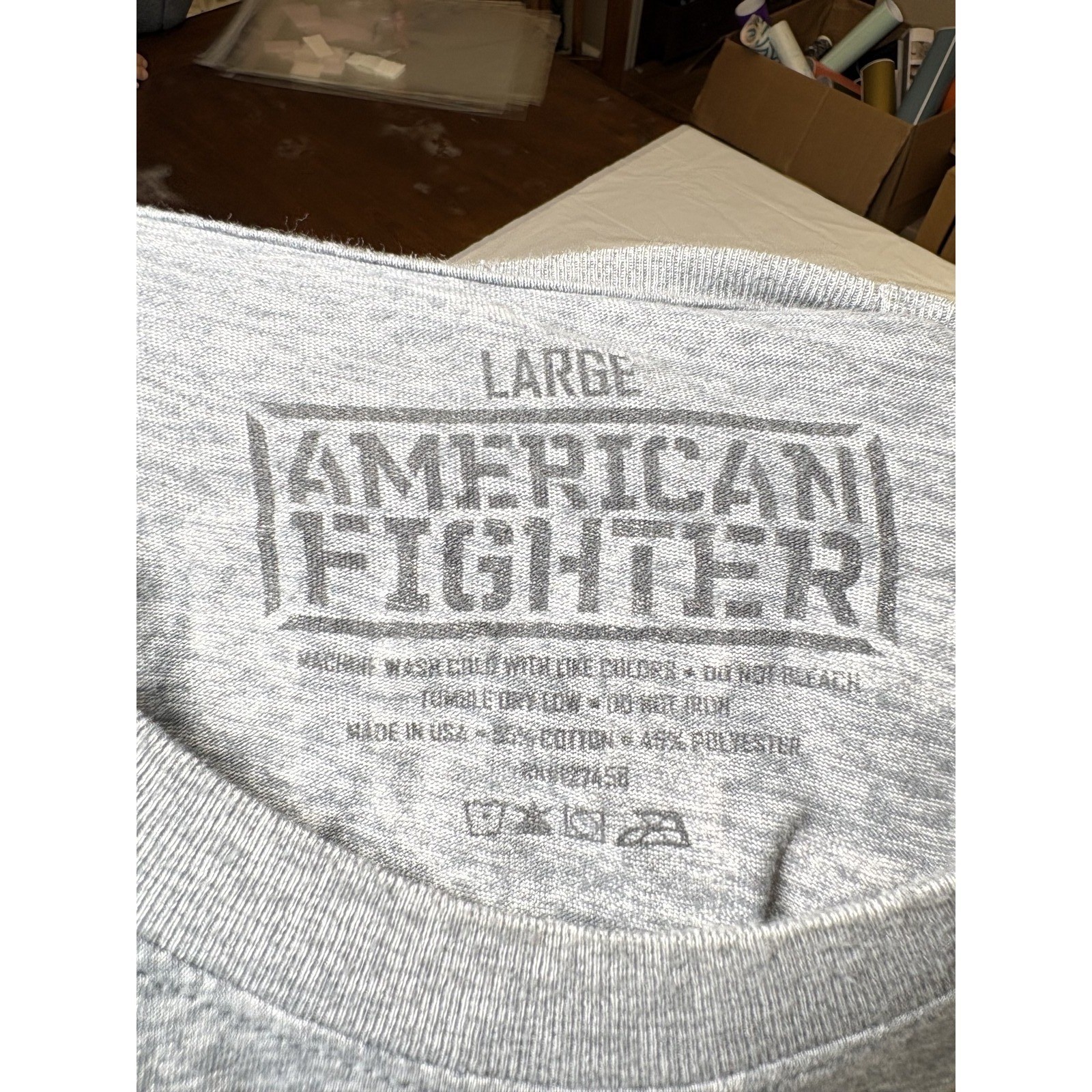 Mens American Fighter gray/orange/blue/white graphic tshirt, size Large gallery
