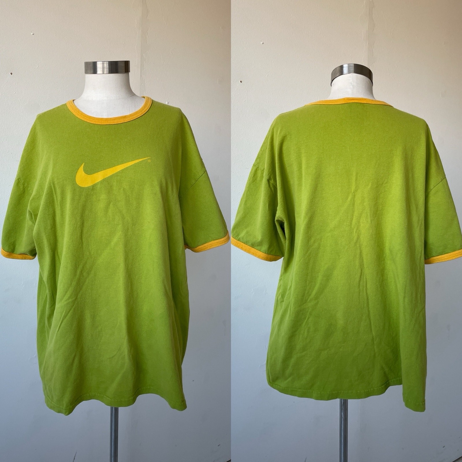 Vtg 90s Y2K Lemon + Lime NIKE Ringer Swoosh T-Shirt / Size XL Cotton Logo Sport gallery
