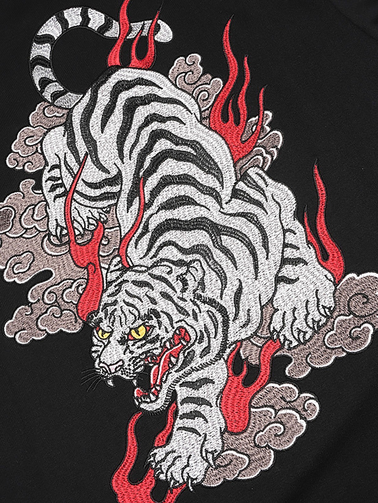 Niepce Men's Vibrant Red Flame White Tiger Embroidery Japanese Streetwear Tee gallery