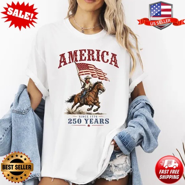 Retro 1776 American Flag Shirt, Patriotic Cowboy Riding Horse Tee T-Shirt S-5XL