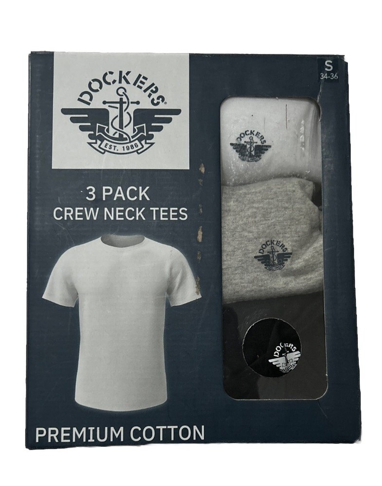 Dockers 3 Pack Crew Neck T Shirts Men Small 1 Black 1 Gray 1 White Logo Classic