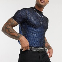 Men’s Contrast Mesh Glitter Round Neck T Shirt Short Sleeve Slim Tops Shirt Tee