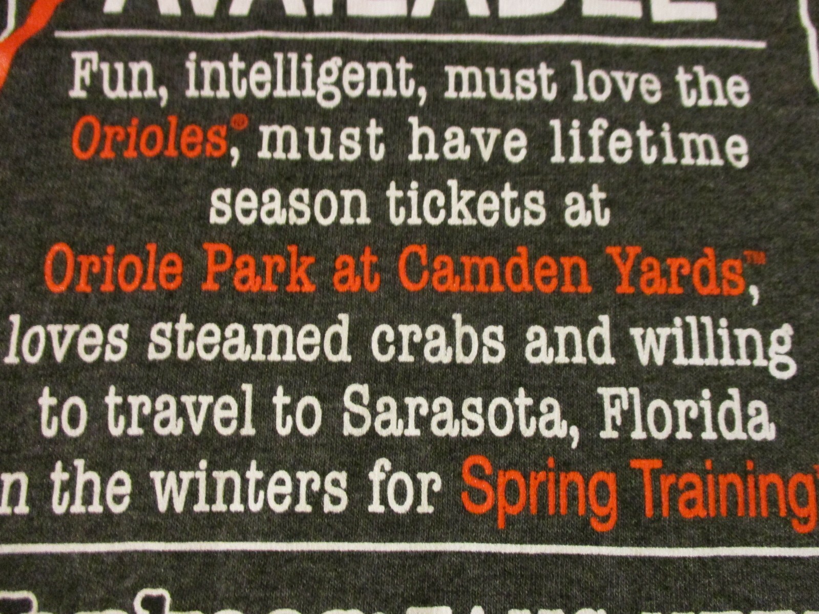 BALTIMORE ORIOLES AVAILABLE PERSONAL AD T-SHIRT- LG YANKEE FANS NEED NOT APPLY gallery
