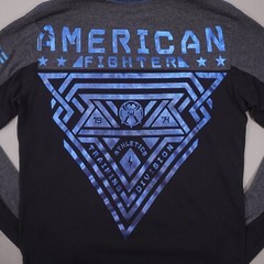 American Fighter Shiny Blue Graphic Long Sleeve T Shirt Mens Small Gray Black